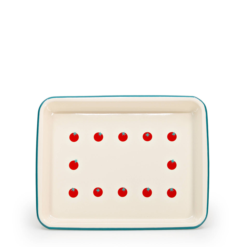 Dan Pelosi x CCH Tomato Blue Rim Enamelware Trays at Golden Rule Gallery