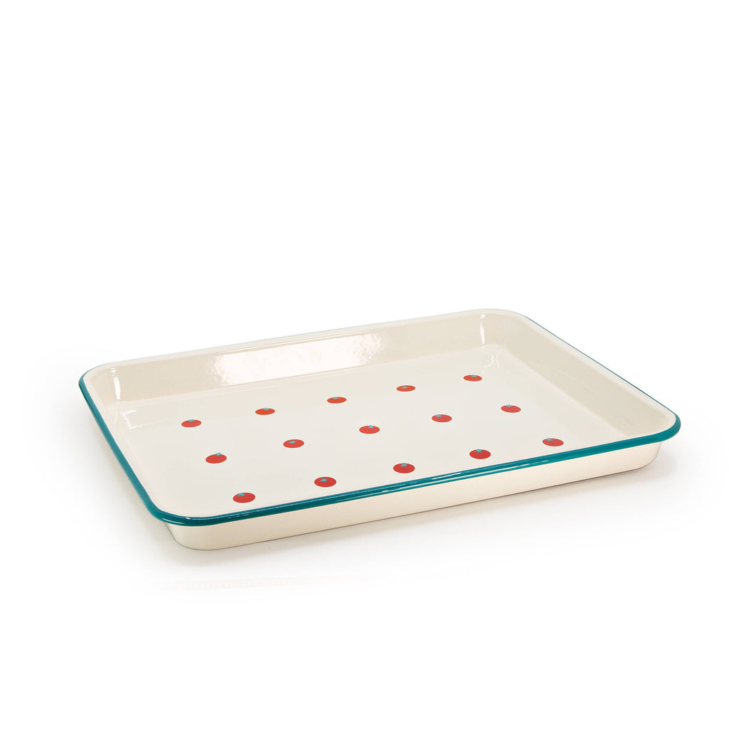 Dan Pelosi x CCH Tomato Blue Rimmed Enamelware Trays at Golden Rule Gallery in Excelsior