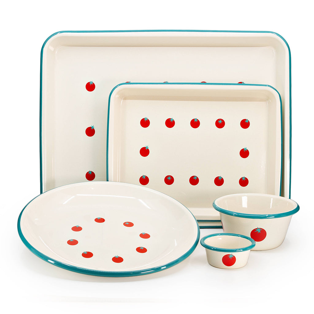 Dan Pelosi x CCH Tomato Blue Rimmed Enamelware Variety Trays and Bowls at Golden Rule Gallery