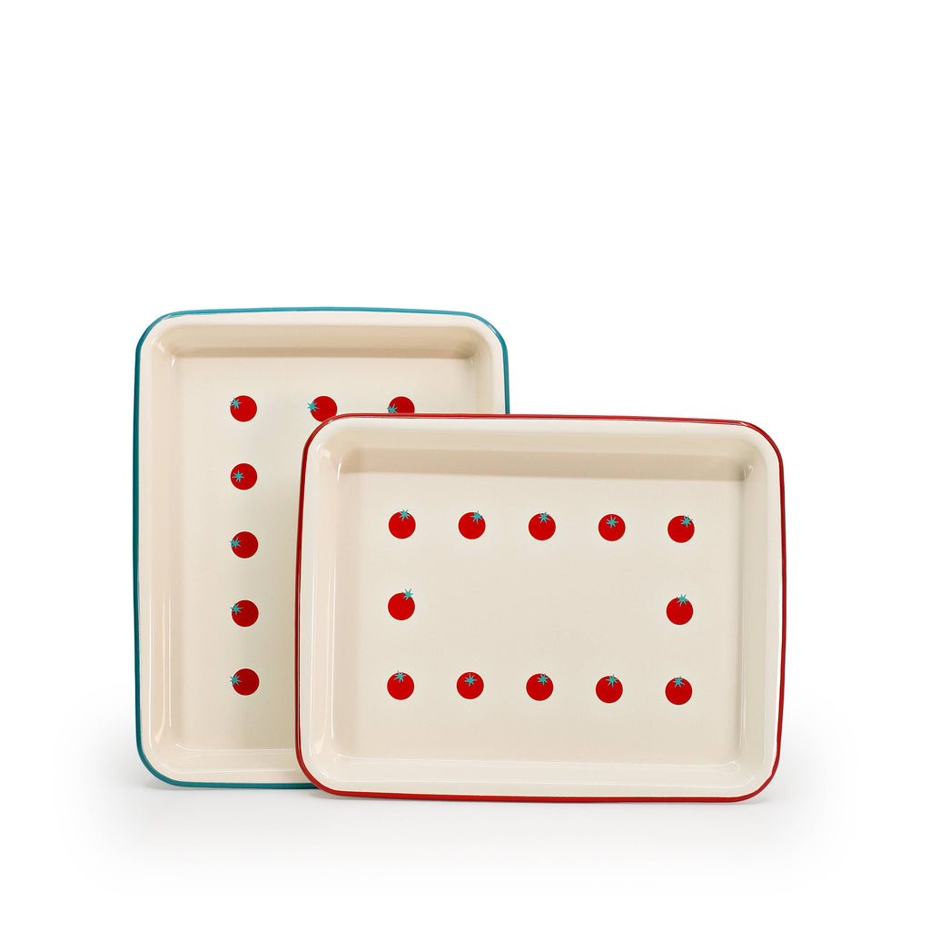 Dan Pelosi x CCH Tomato Enamelware Trays at Golden Rule Gallery