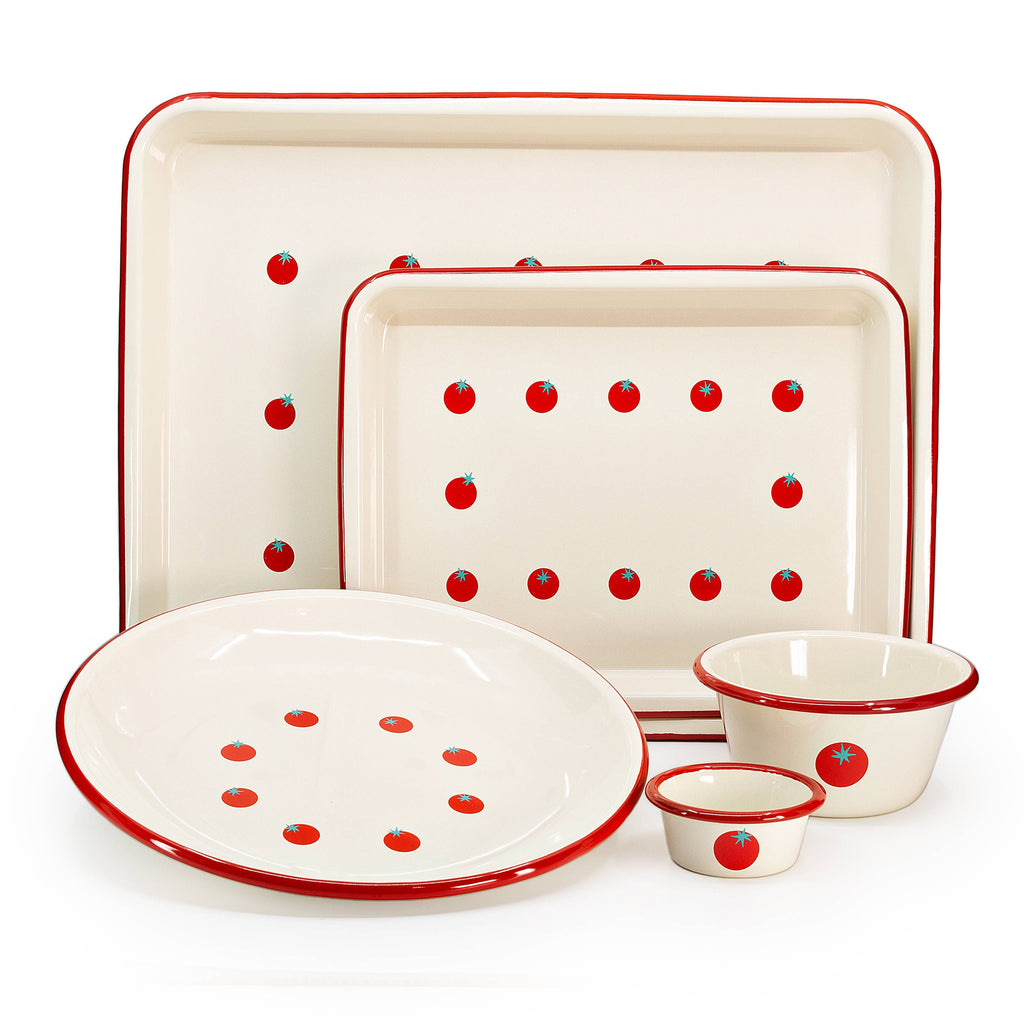 Dan Pelosi x CCH Tomato Enamelware Variety Trays and Bowls at Golden Rule Gallery