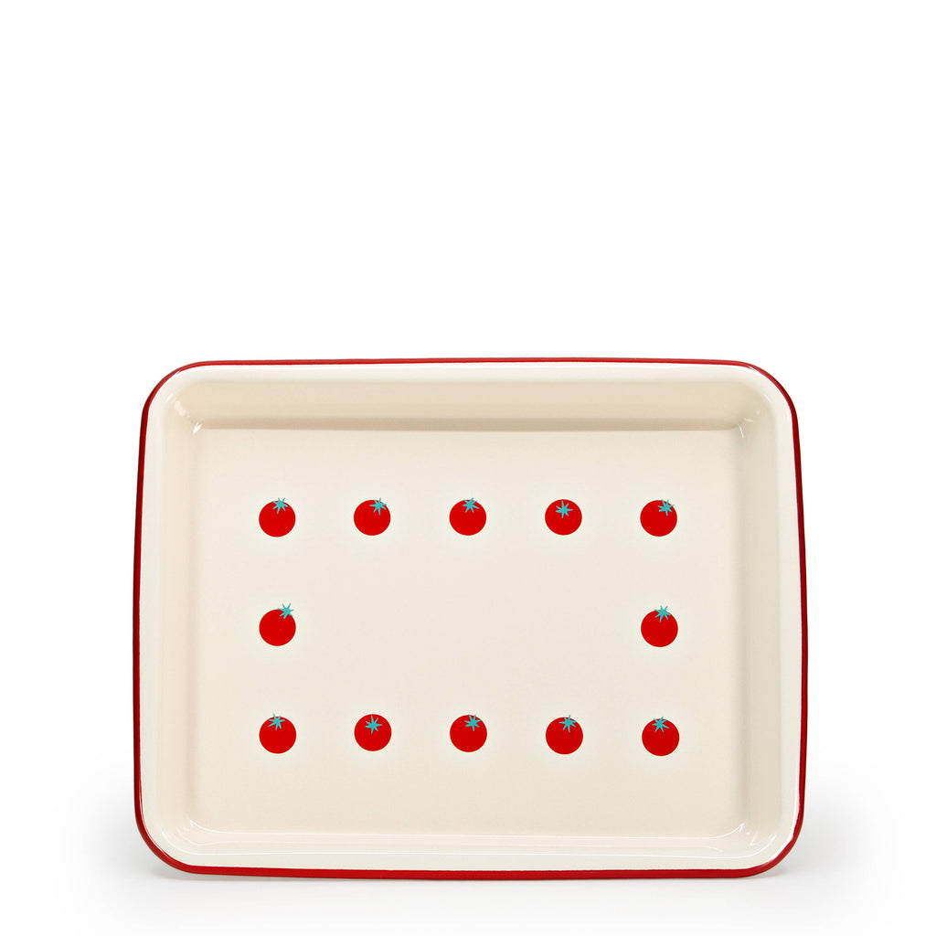 Dan Pelosi x CCH Tomato Red Rim Enamelware Trays at Golden Rule Gallery