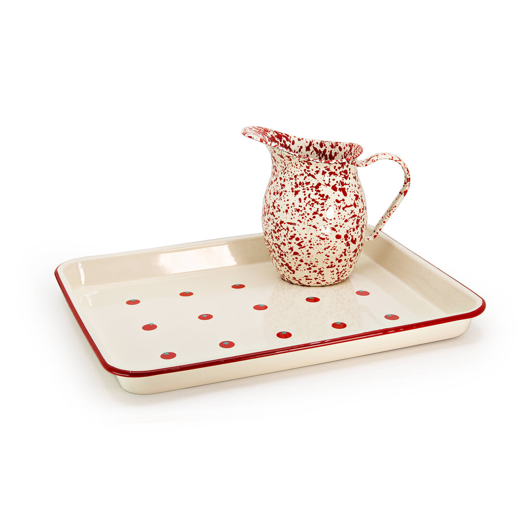 Dan Pelosi x CCH Tomato Red Rimmed Enamelware Trays and Pitcher at Golden Rule Gallery in Excelsior