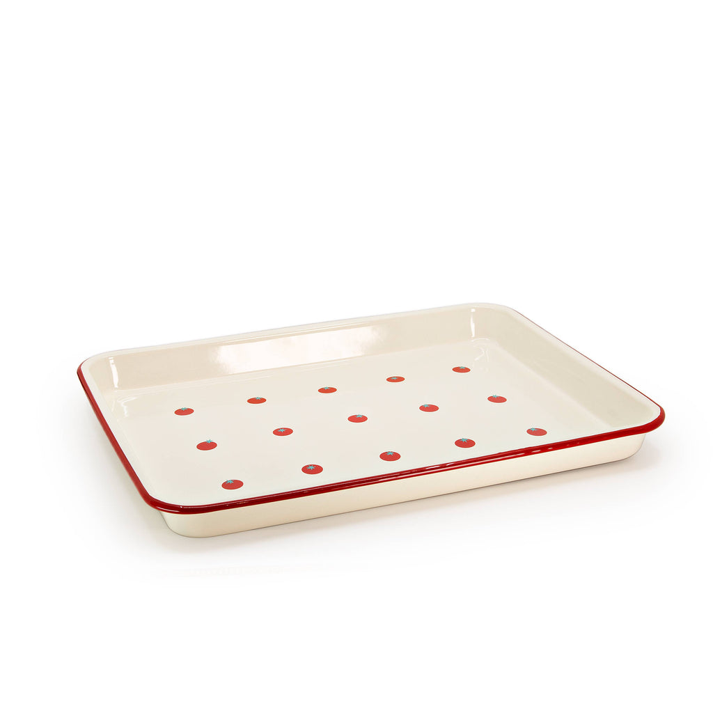 Dan Pelosi x CCH Tomato Red Rimmed Enamelware Trays at Golden Rule Gallery in Excelsior