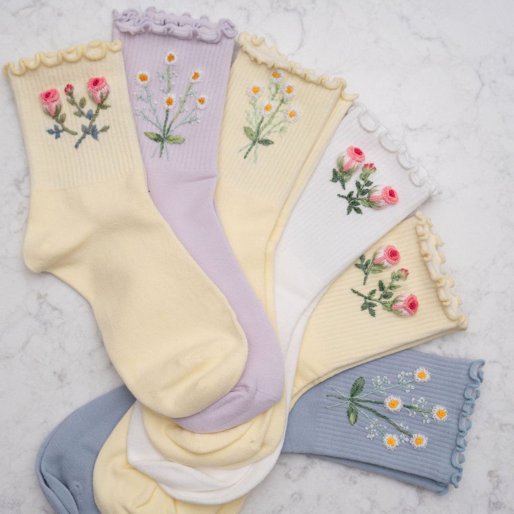 Embroidered Ruffle Socks with Flowers