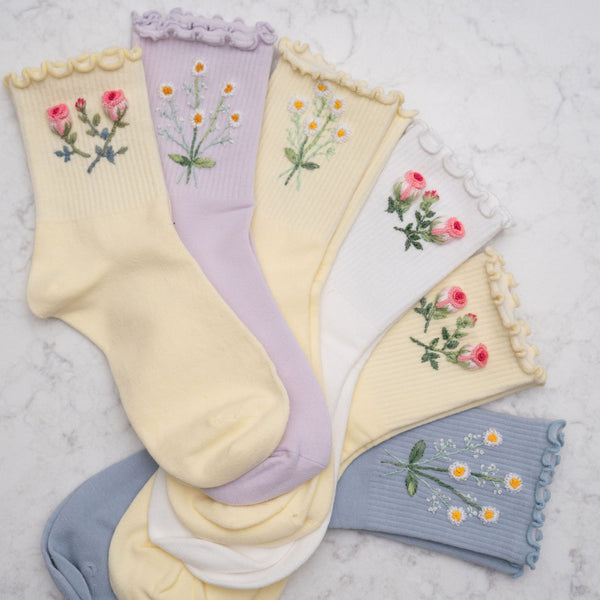 Embroidered Ruffle Socks with Flowers