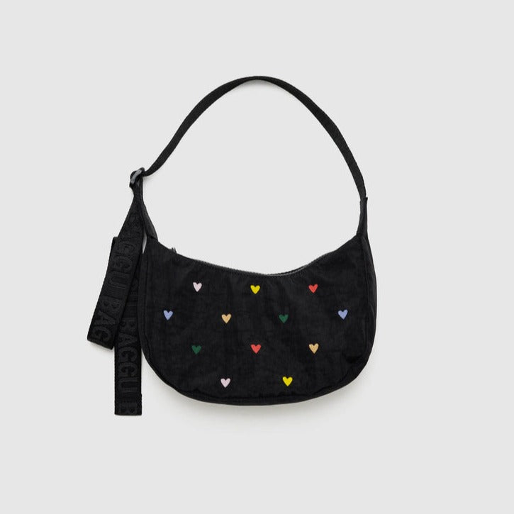 Embroidered Hearts Small Crescent Bag by Baggu at Golden Rule Gallery