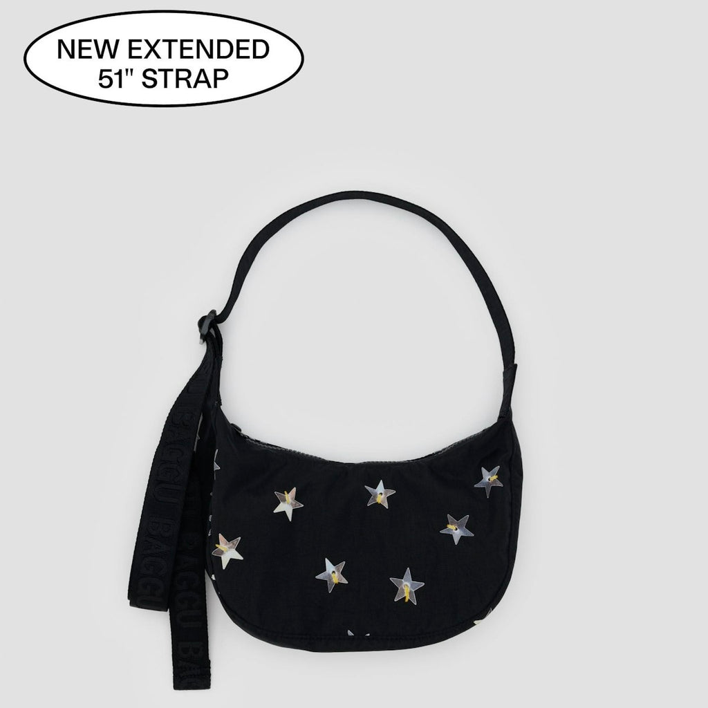 Extended Strap of Baggu Small Nylon Crescent Bag With Star Designs at Golden Rule Gallery