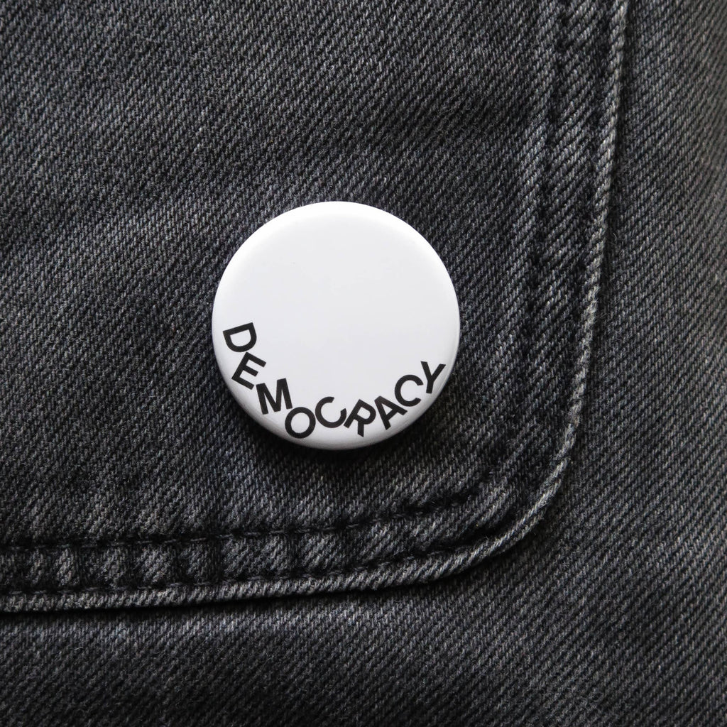 Fallen Democracy Pinback Social Alert Button at Golden Rule Gallery