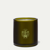 An olive green glass jar candle with a single wick, featuring a gold foil stamp of a llama surrounded by flowers and the text 'LAMINGO EST. 2024' on the front, set against a clean off-white background.