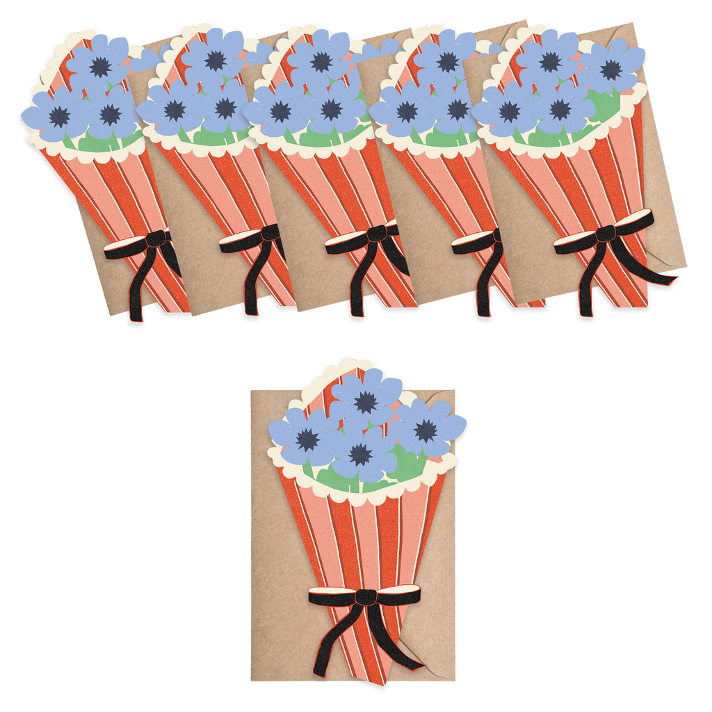 Set of paper flower bouquets with ribbons on a white background