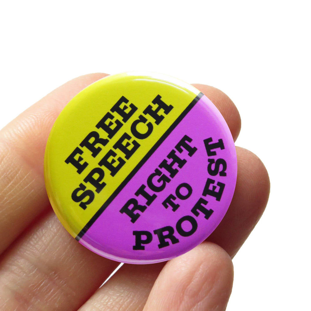 Free Speech Right to Protest Button at Golden Rule Gallery in Minneapolis
