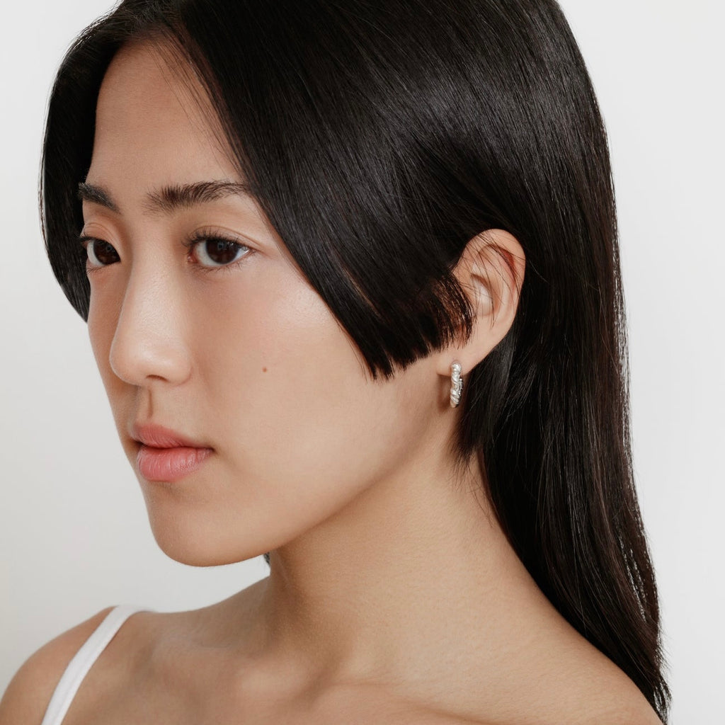 Woman Modeling Sterling Silver Camille Hoops