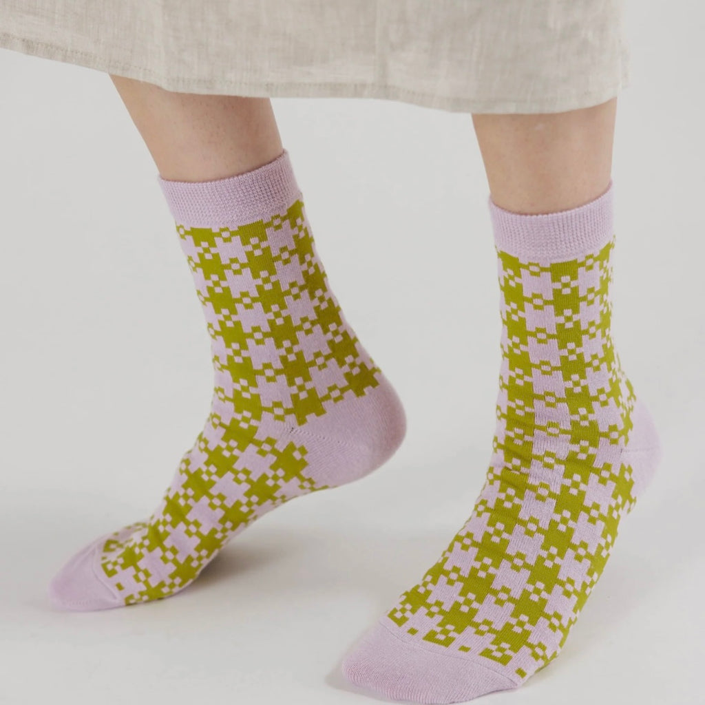 Pink Pistachio Pixel Gingham Baggu Socks