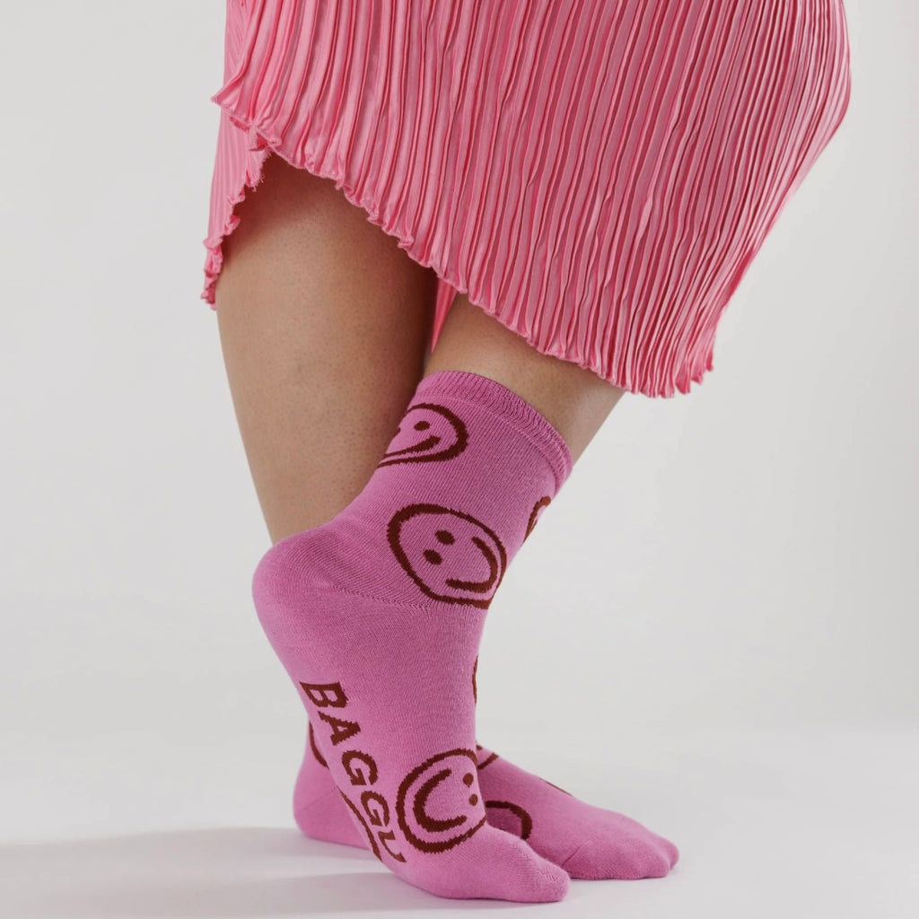 Extra Pink Happy Smiley Face Baggu Socks