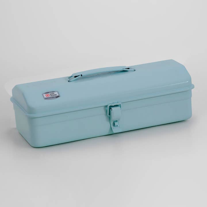 Light blue toolbox by Ameico Toyo Japan, on a gray background