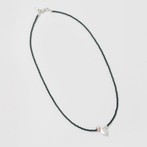 Green 17" Beaded Necklace With Freshwater Pearls and 925 Sterling Silver Bead