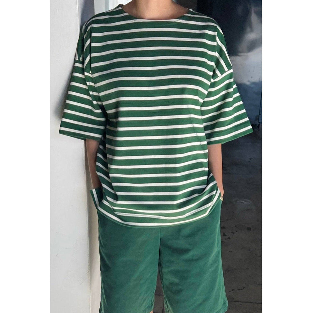 Drop Shoulder Oversized Heavy Cotton Striped Tee Shirt on Model