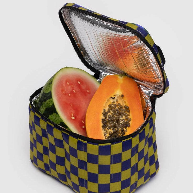Green and Blue Checkered Puffy Lunch Cooler Bag by Baggu at Golden Rule Gallery