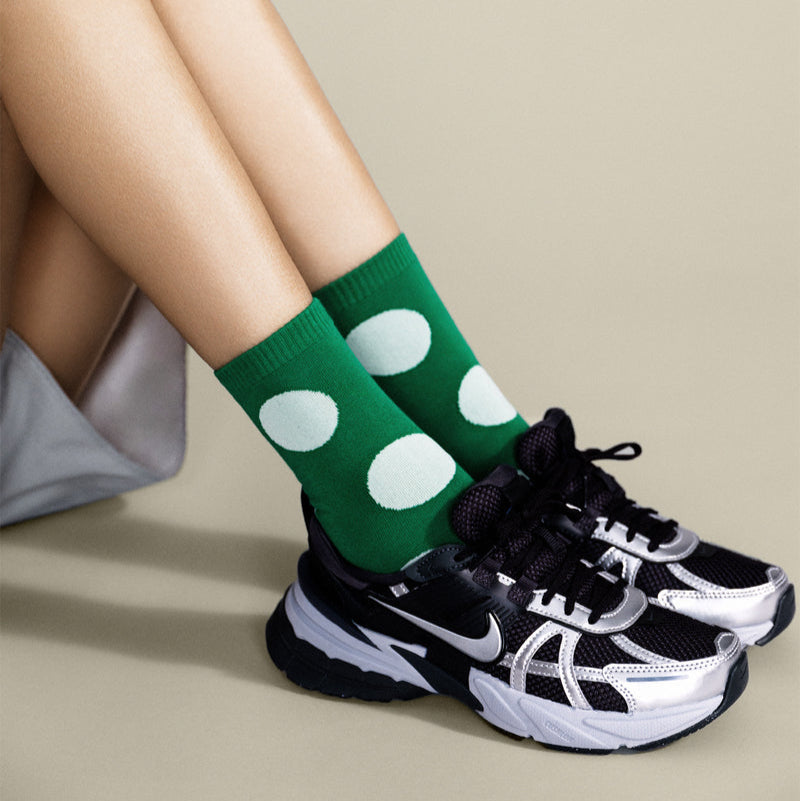 Green and White Polka Dot Socks Rie Crew Socks by Hansel from Basel at Golden Rule Gallery
