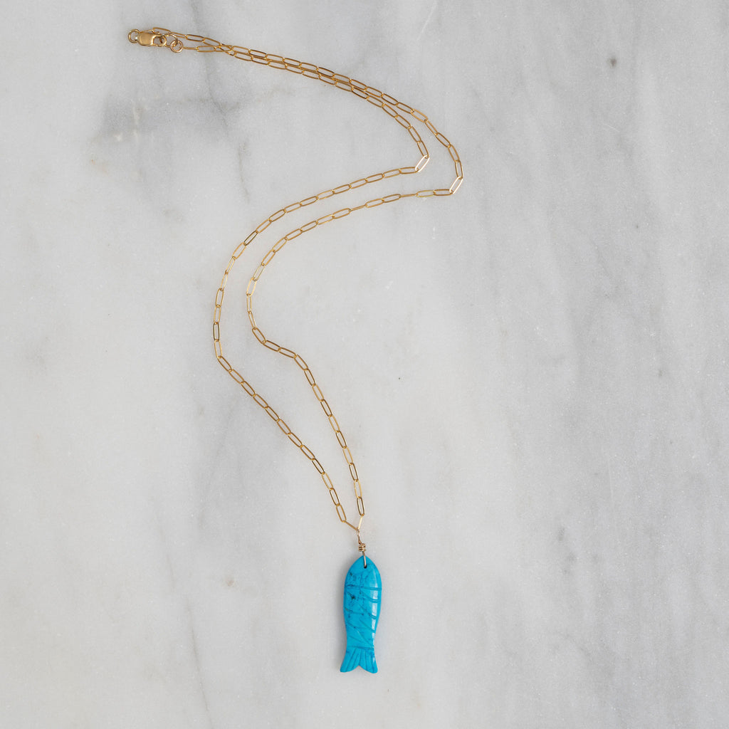Turquoise Fish Necklace With Gold Chain