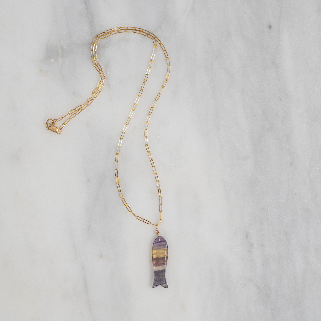 Fluorite Fish Necklace With Gold Chain