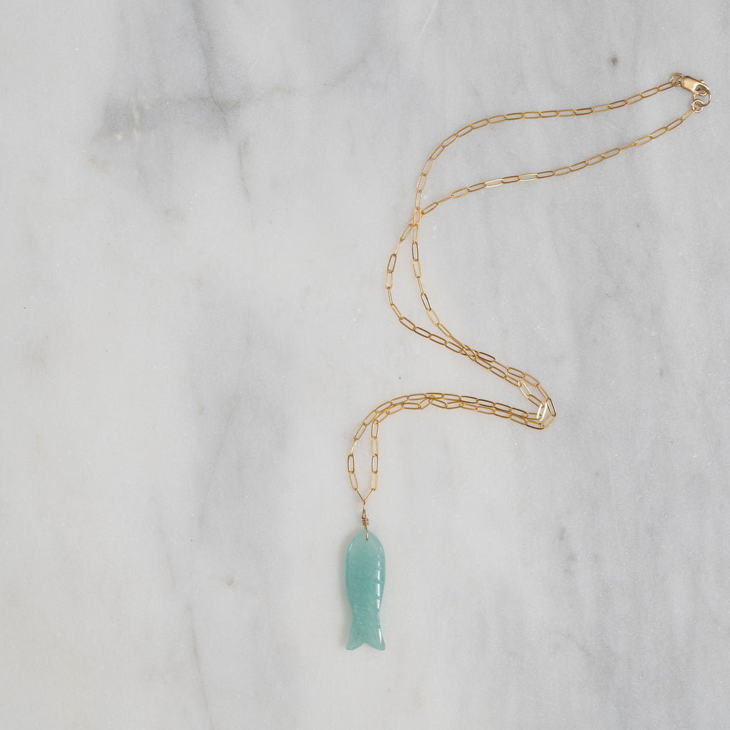 Teal Aventurine Fish Necklace With Gold Chain