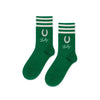 Green socks with white stripes and text on a white background