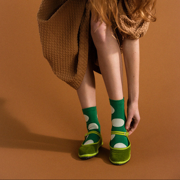 Hansel from Basel Polka Dot Rie Crew in Cadmum Green Socks at Golden Rule Gallery