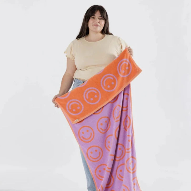 Happy Lilac With Smiley Faces Bath Towel By Baggu Organic Terrycloth at Golden Rule Gallery
