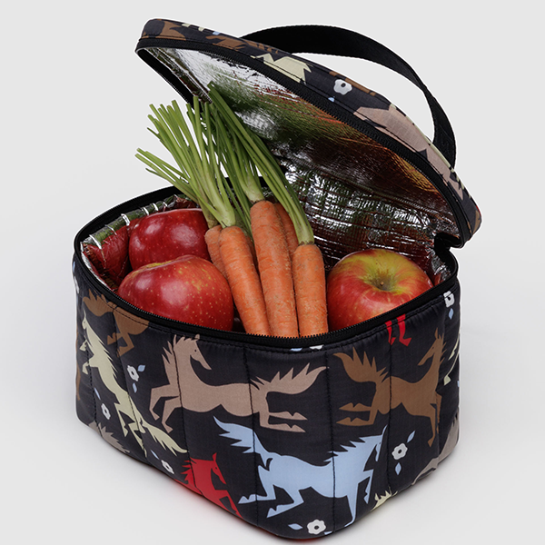 Horse Cut Outs on Black Puffy Lunch Cooler Bag by Baggu at Golden Rule Gallery in Excelsior