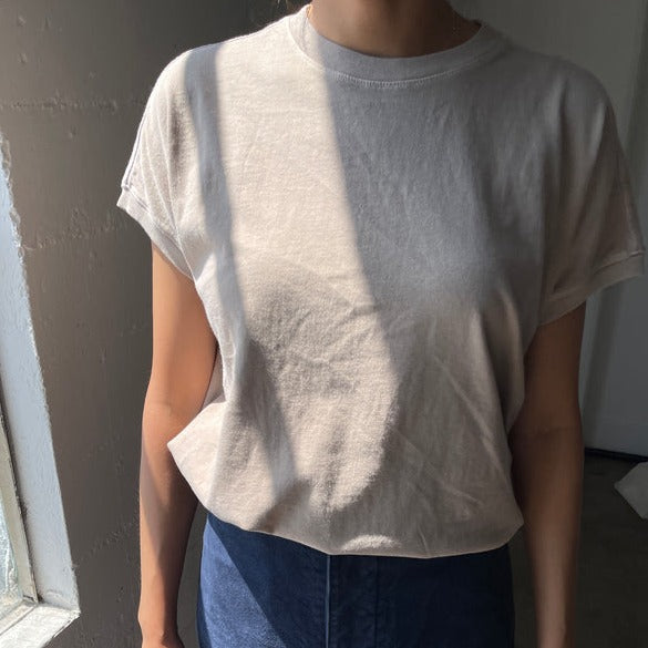 Model Wearing Mushroom Toned Plain White Tee Shirt