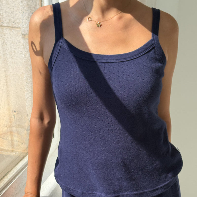 Navy Blue Cami Tank With Pointelle Design
