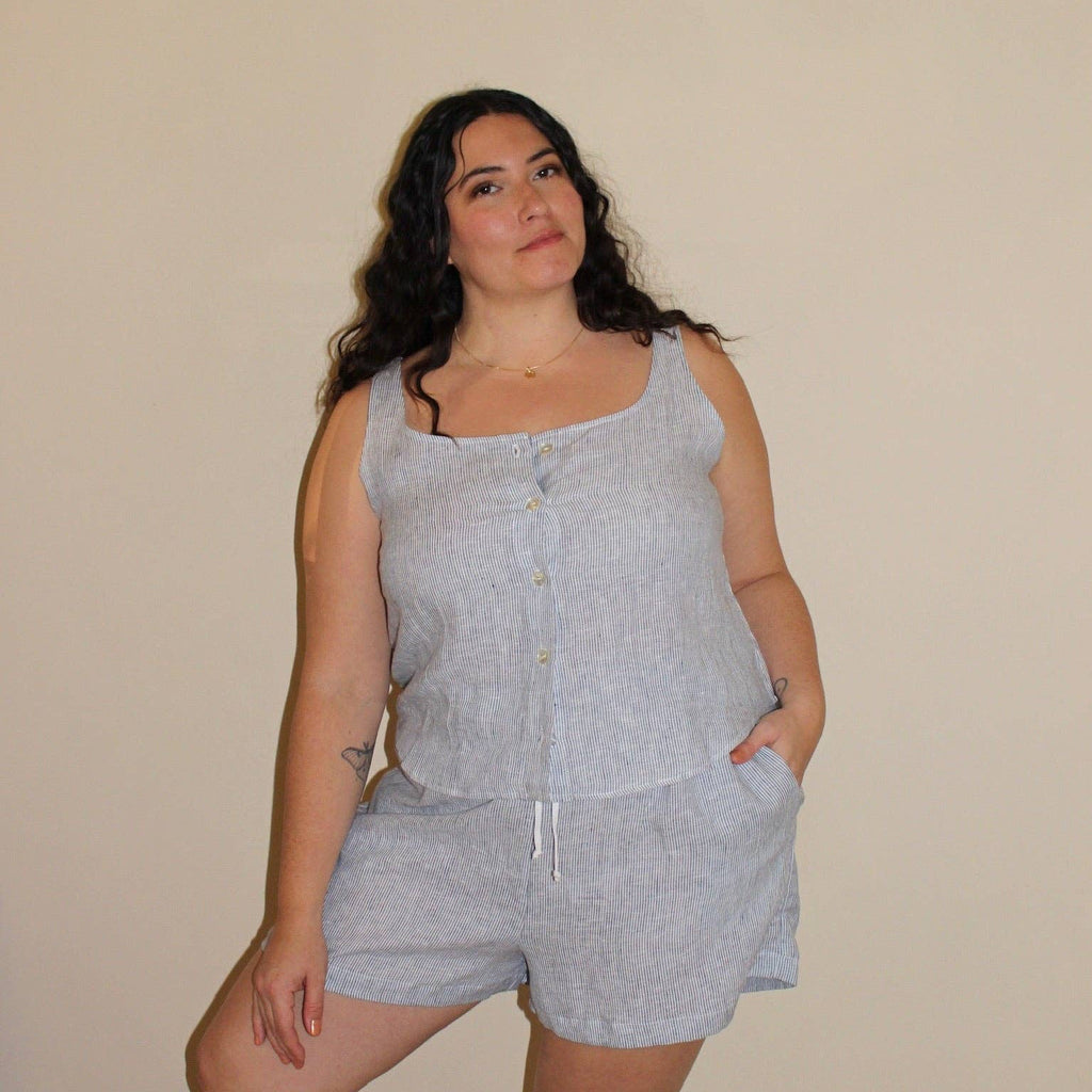 Linen Button Down Sleeveless Top in Indigo Stripe