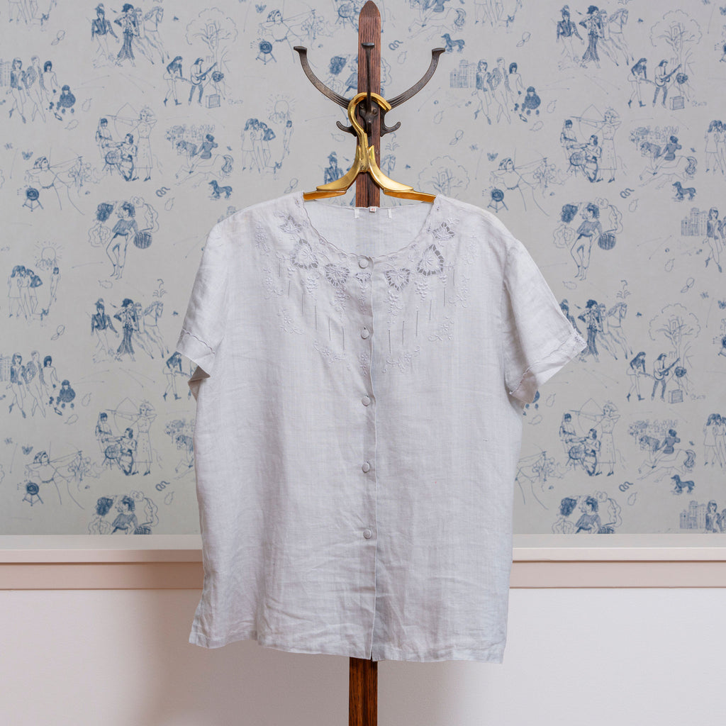 Vintage Light Blue Linen Top with Embroidery