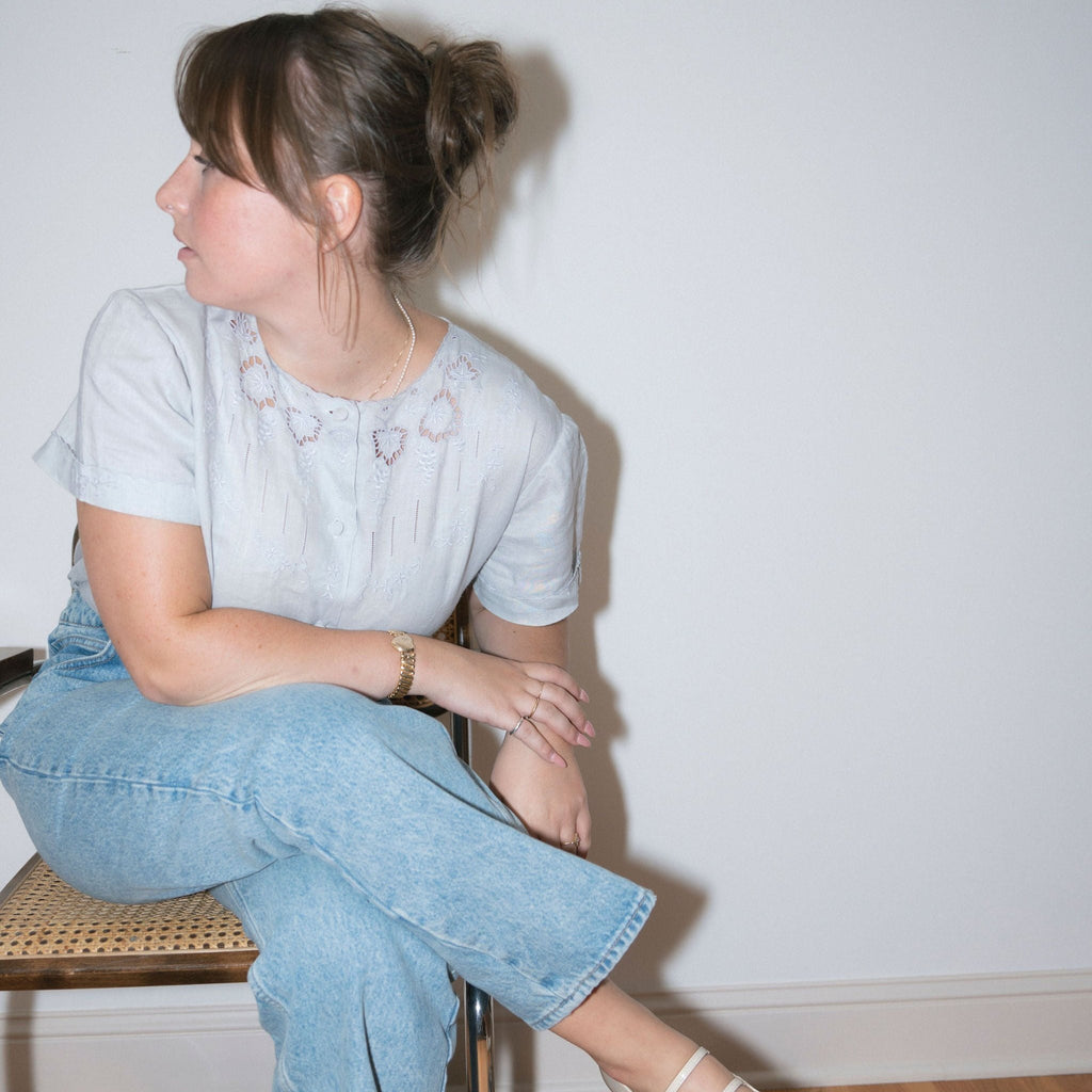 Vintage Blue Embroidered Top from Paris, France