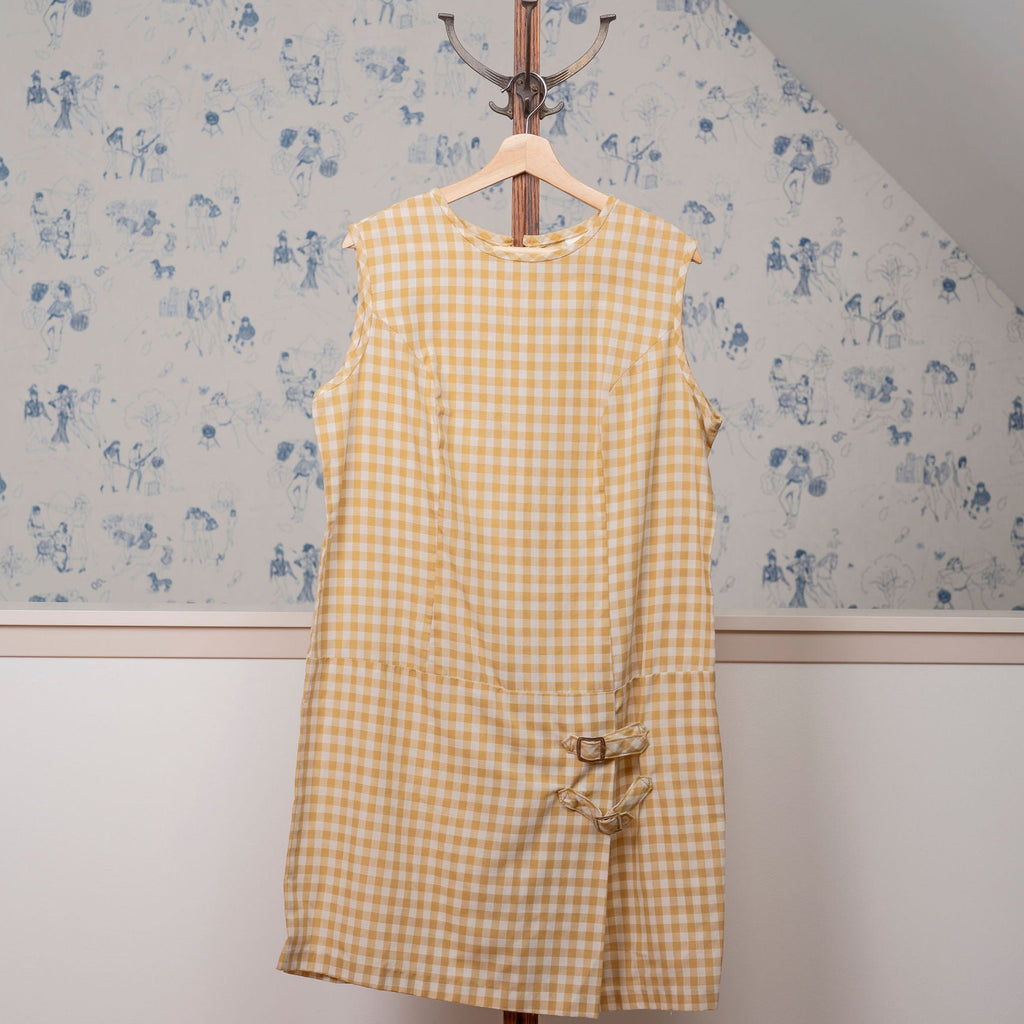 Vintage 1960s Gold Gingham Shift Dress with Buckle Details
