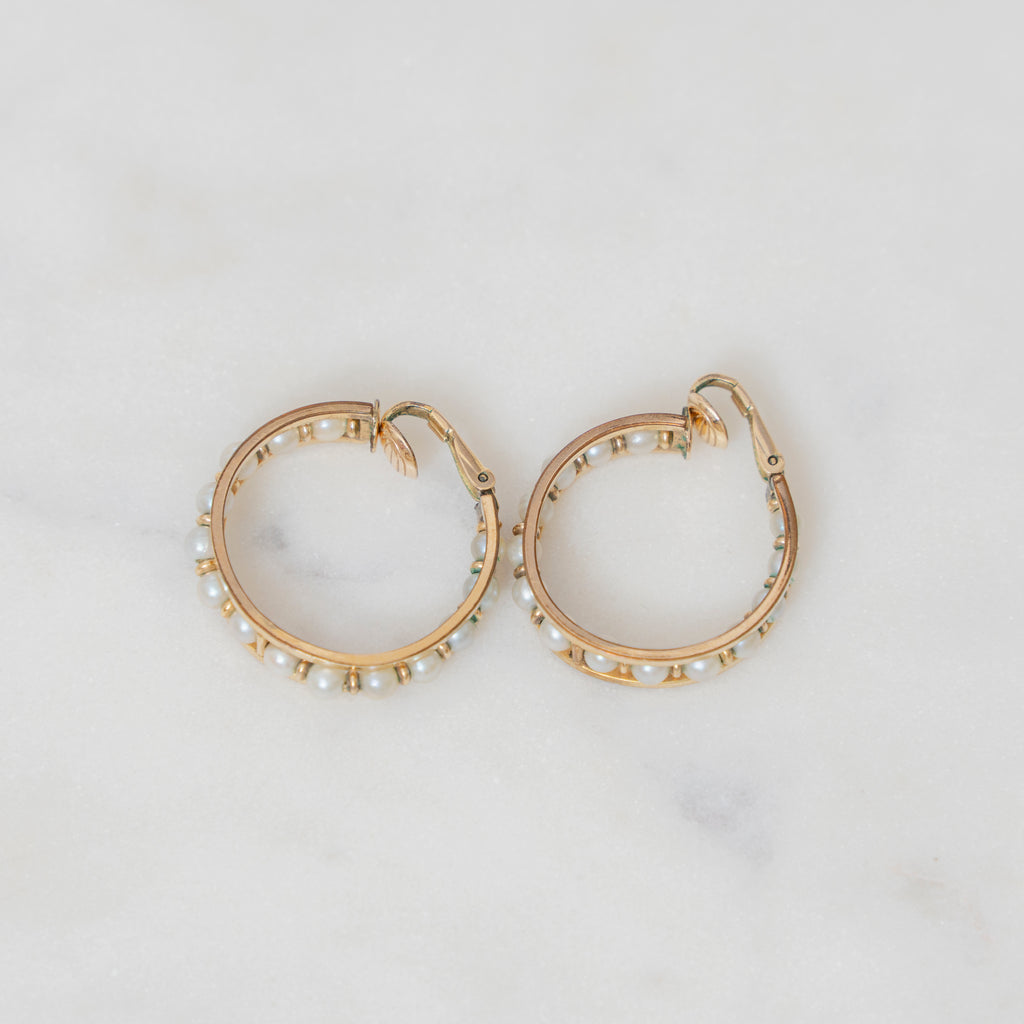 Vintage Gold Pearl Hoop Clip On Earrings