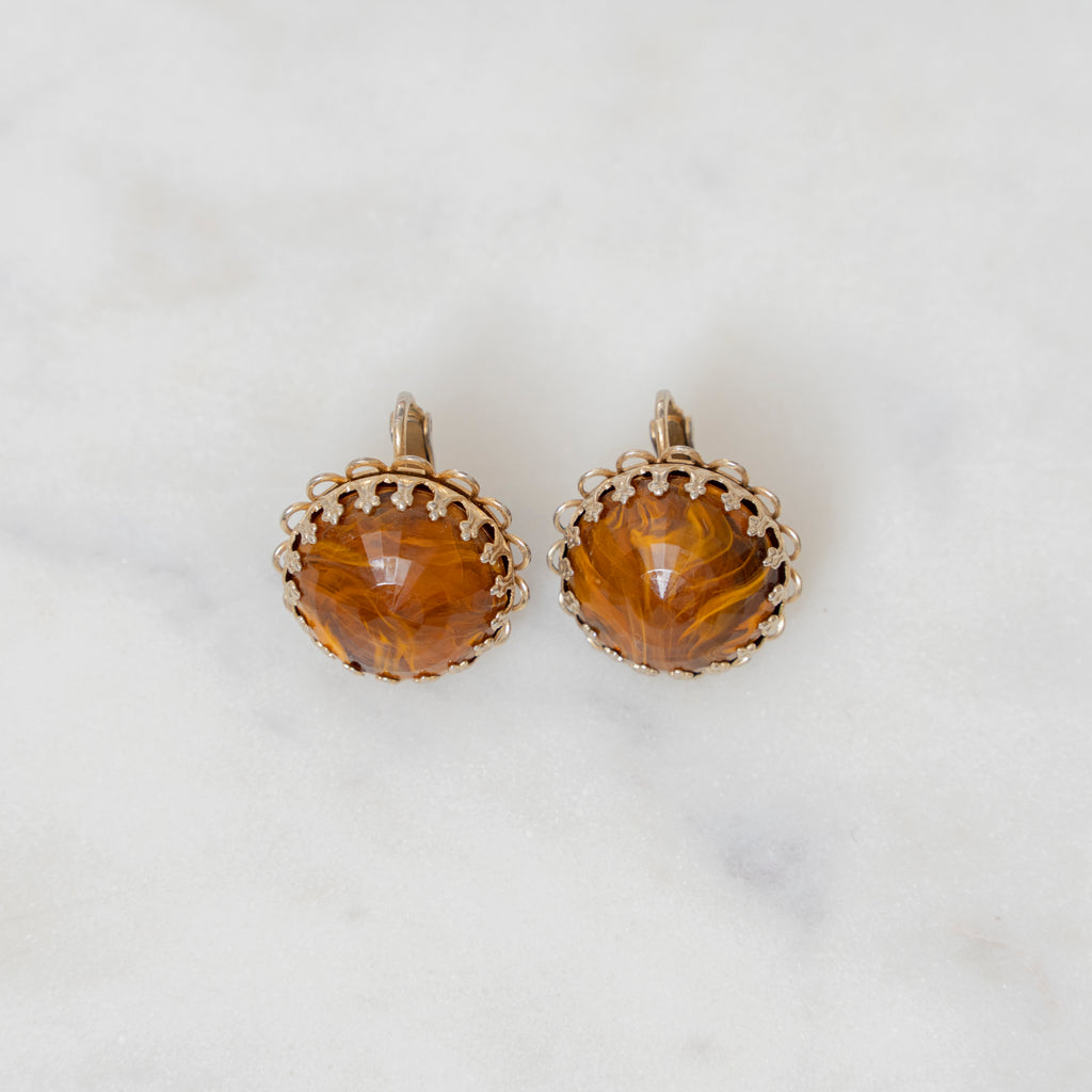 Vintage Ornate Amber Toned Clip On Earrings