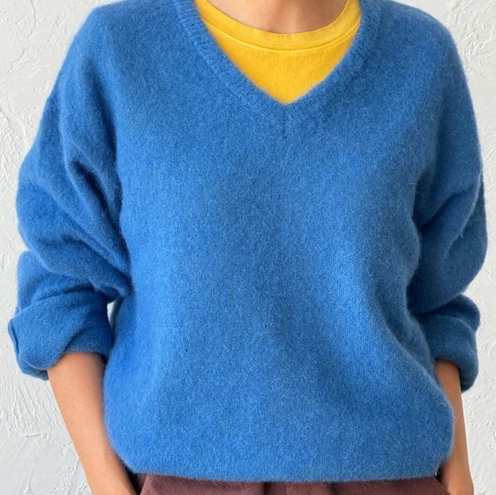 James V-Neck Mohair Sweater in Blue at Golden Rule Gallery in Excelsior, Minnesota