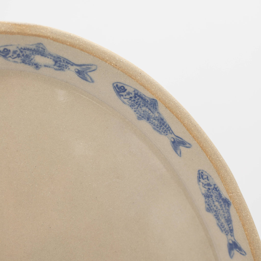 Handmade Ceramic Large Serving Dish with Dainty Blue Sardines on The Trim