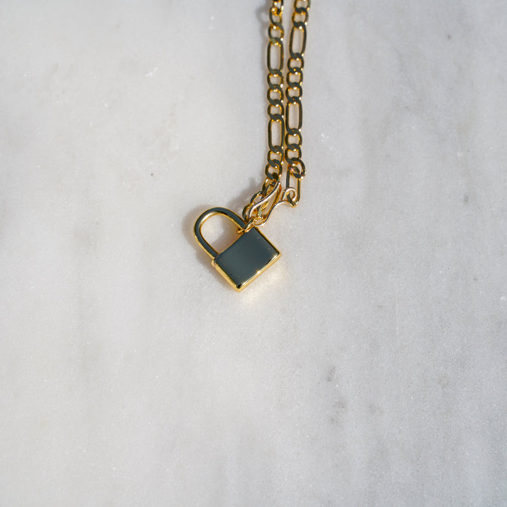 Padlock Necklace in Gold with Figaro Chain