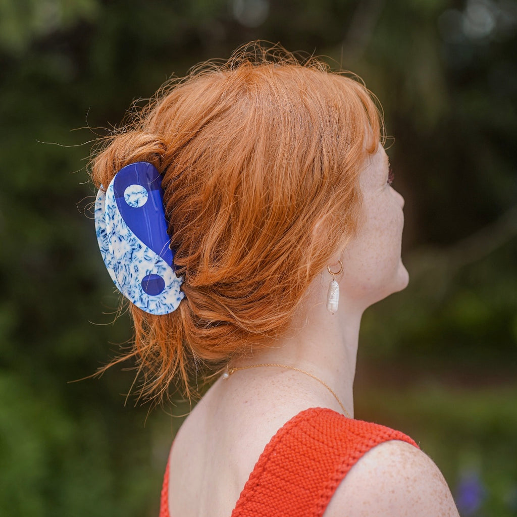 Cobalt Blue Yin Yang Hair Clip on Model