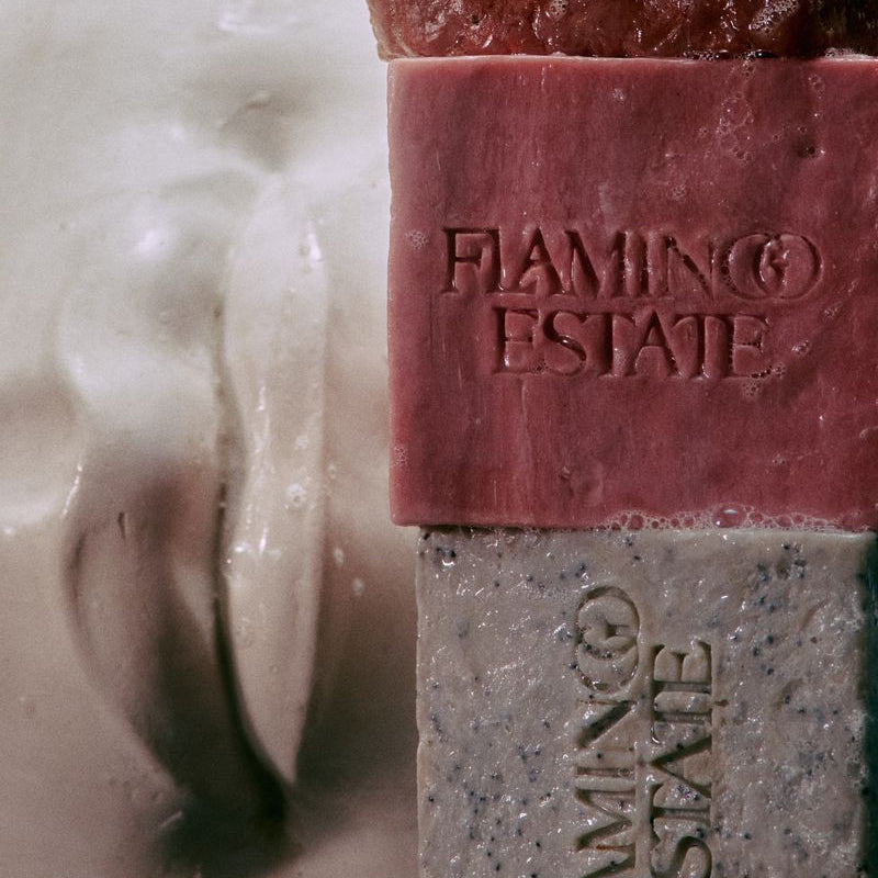 Close Up of Three Flamingo Estate Lathered Brick Soaps