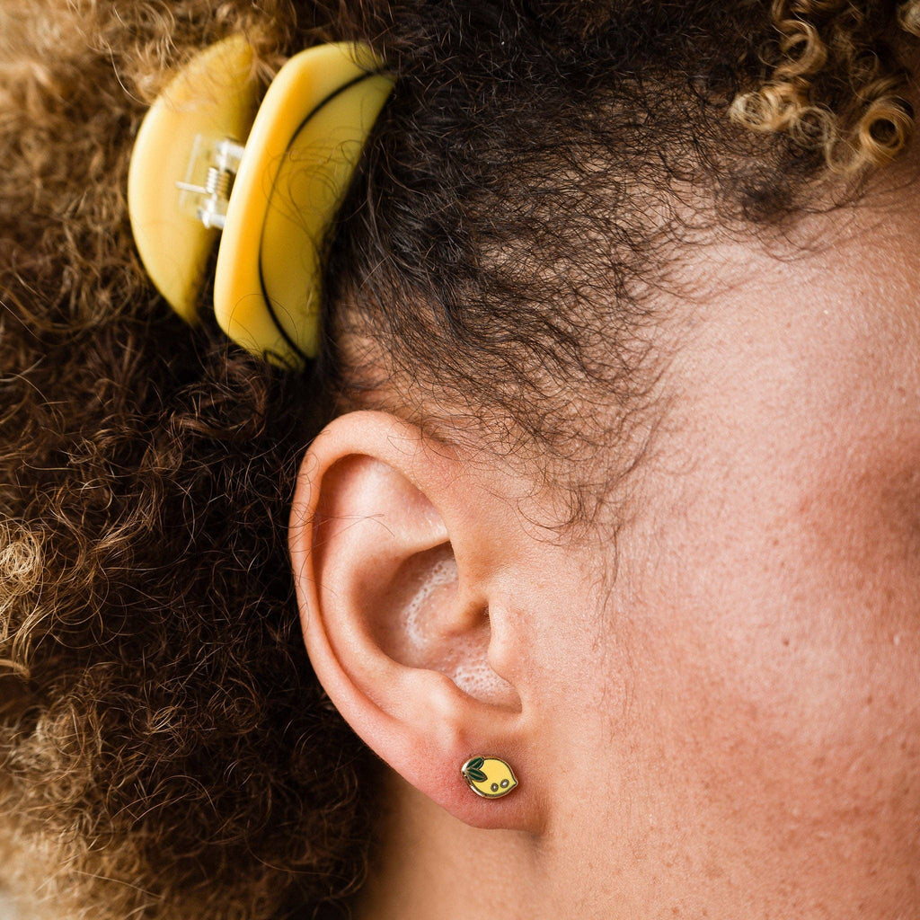 Close Up of Lemon Citrus Stud Earrings