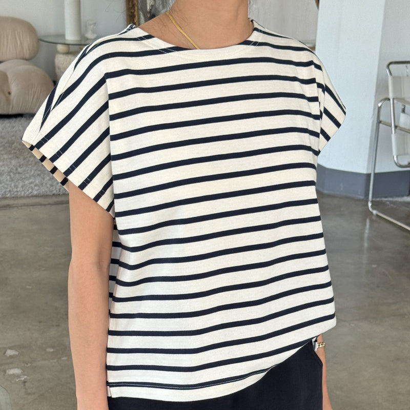 Manon Boxy Thick Tee Shirt with Navy Stripe