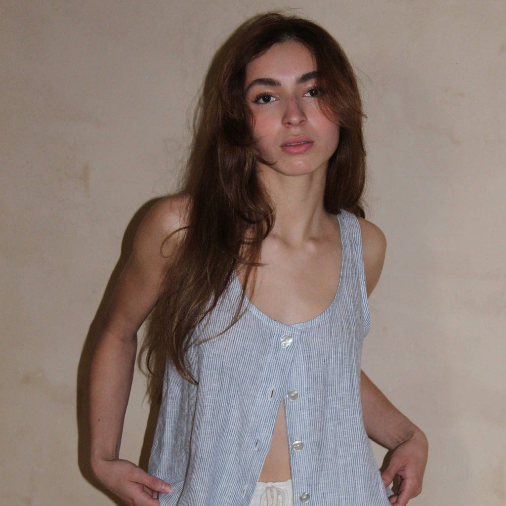 Ethical and Sustainable 
Indigo Stripe Linen Top by Na Nin