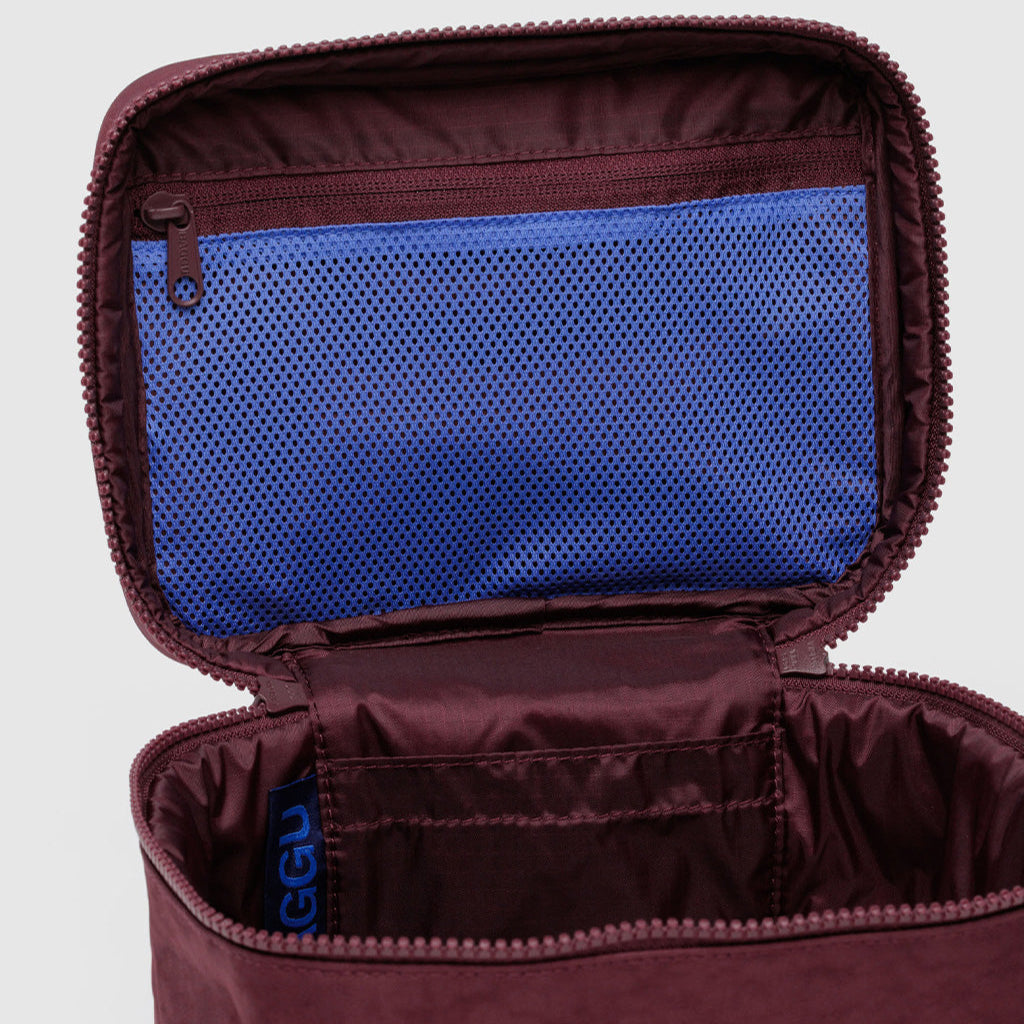 Large Travel Toiletry Case in Mahogany Brown Blue Inside by Baggu at Golden Rule Gallery in Excelsior