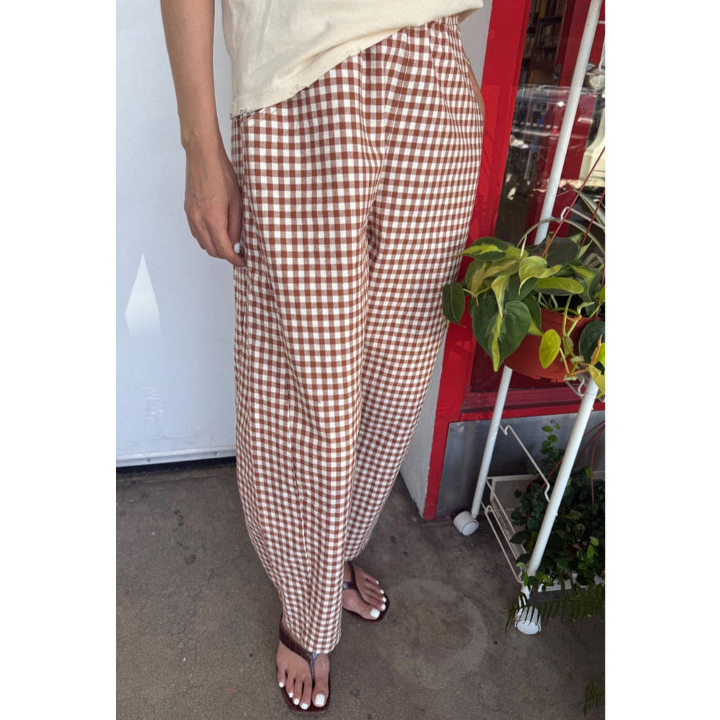 Person wearing brown and white checkered pants standing indoors with a plant and red shelf in the background.