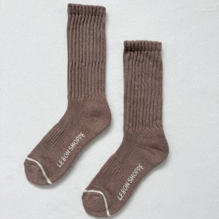 Pair of brown sporty socks with white trim. Le Bon Shoppe Ballet Socks in Mocha Mousse at Golden Rule Gallery